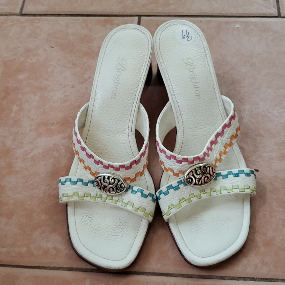 Brightom white multi color high heeled slides